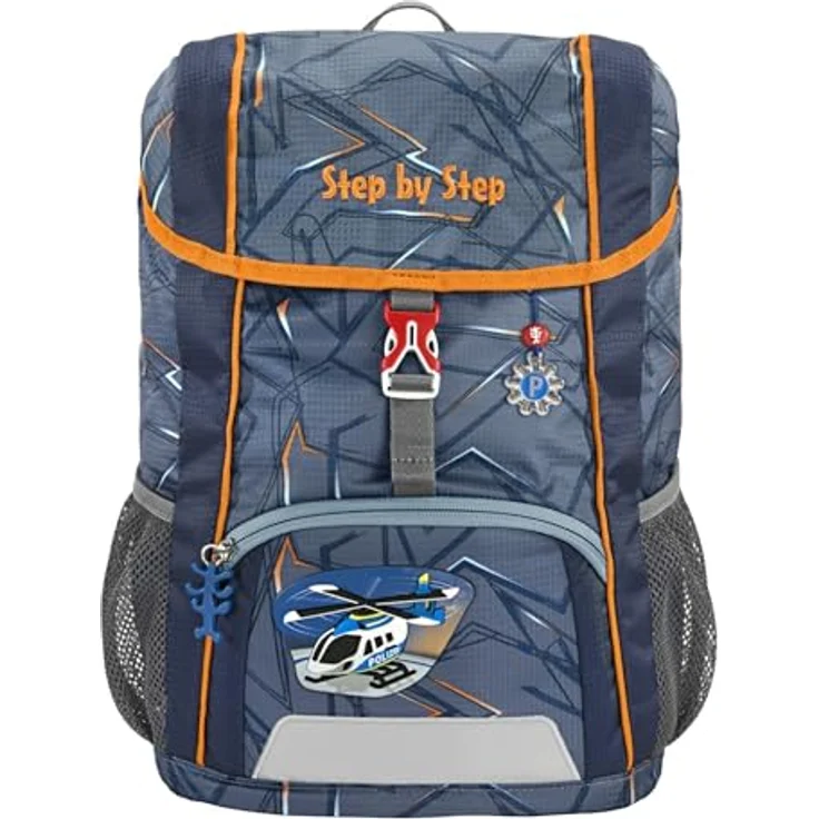 Step by Step Rucksack-Set Kid „Helicopter Sam“, mit Sitzkissen, ergonomischer Mini-Ranzen mit abnehmbarem Brustgurt, für Kindergarten, Vorschule und Freizeit, 13 l, grau-orange – Bild 1