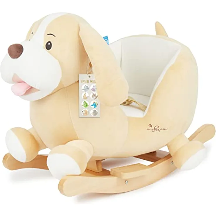 Bieco Plüsch Schaukeltier Hund 'Sam' | Kinder Schaukelstuhl mit Sicherheitsgurt | Baby Schaukel | Schaukel Kleinkind | Schaukeltier Baby Zimmer | Baby Schaukelwippe ab 9 Monate | Schaukelpferd Holz
