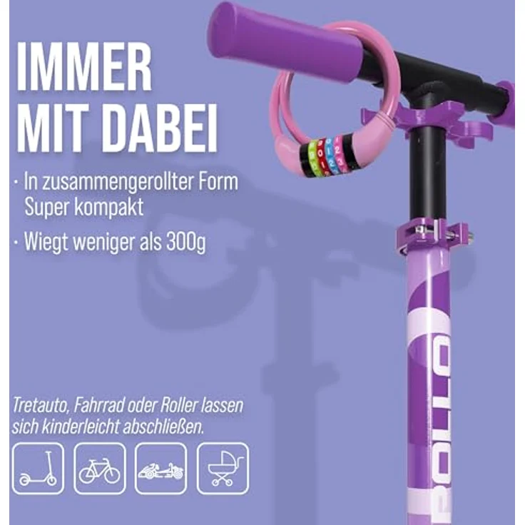 Apollo Kinder Fahrradschloss, Zahlenschloss 650mm, leicht und sicher, rosa – Bild 5