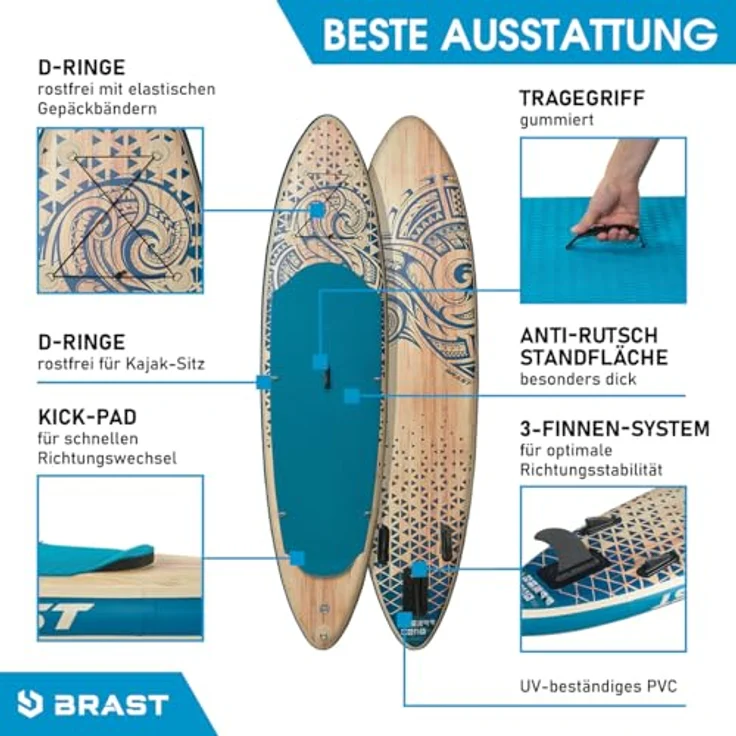 BRAST SUP-Board Tribal Ocean Sixties & Turtle, Aufblasbares Stand up Paddle Set, (320x81x15cm), inkl. Zubehör, 5 Jahre Garantie, blau – Bild 6