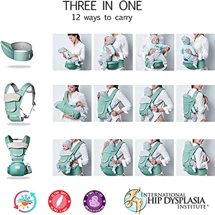 SONARIN Multifunktions 3-in-1 Babytrage mit Hüftsitz,Reine Baumwolle 3D Air Mesh Atmungsaktive Babytrage für Baby 0-36 Monate,Ergonomisch,Einstellbar,Alle Positionen,Bis zu 30 KG(Cyan) – Bild 8