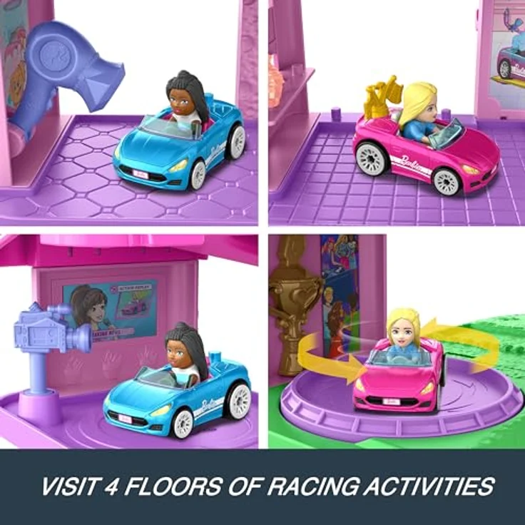 Mattel Hot Wheels RacerVerse Barbie-Streckenset, 5-stufig mit Barbie Malibu und Brooklyn Figuren, inklusive Zubehörteile in pink – Bild 4