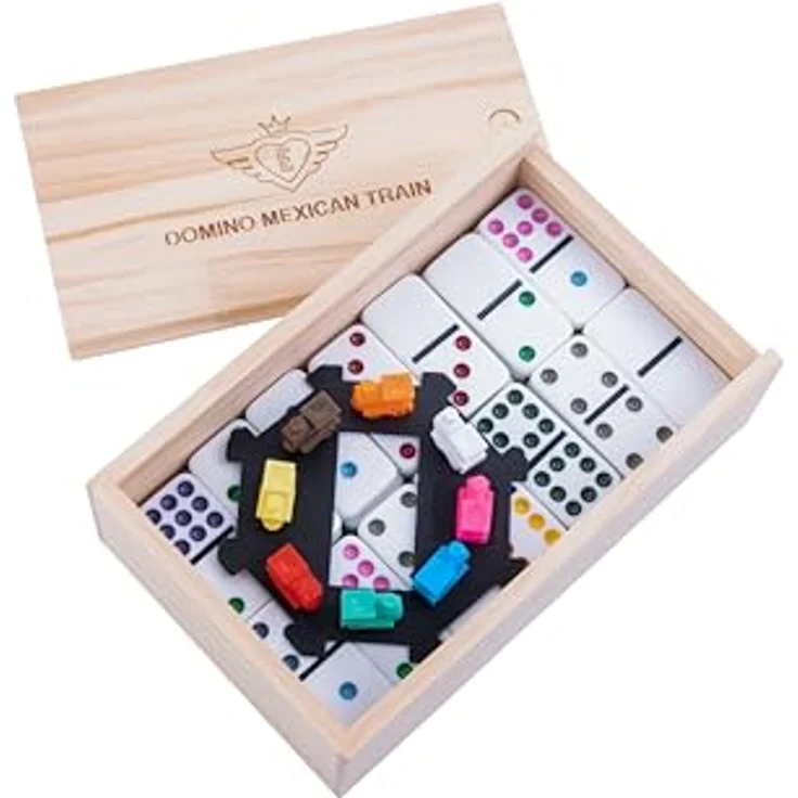 Engelhart Mexikanischer Domino-Zug 250127, Premium-Komplettset mit 55 Dominosteinen (9 mm) in Holzkiste, 8 bunte Lokomotiven, für 2 bis 4 Spieler – Bild 3