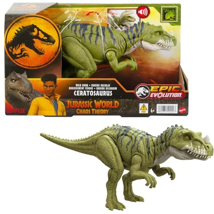 Mattel HTK74 Jurassic World Wild Roar Ceratosaurus, Dinosaurierfigur mit Sound und beweglichem Kiefer, 33 cm – Bild 1