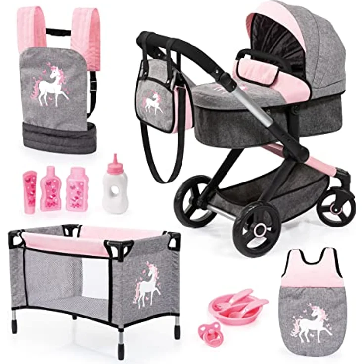 Bayer Xeo Puppenwagen, grau-rosa mit praktischen Zubehörteilen für Kinder ab 3 Jahren – Bild 1