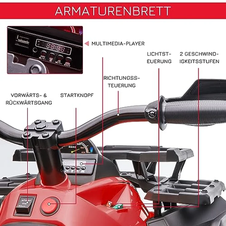 HOMCOM Elektro-Kinderquad, Kinder Elektrofahrzeug mit MP3 und USB, Belastbarkeit 30 kg, Rot – Bild 4