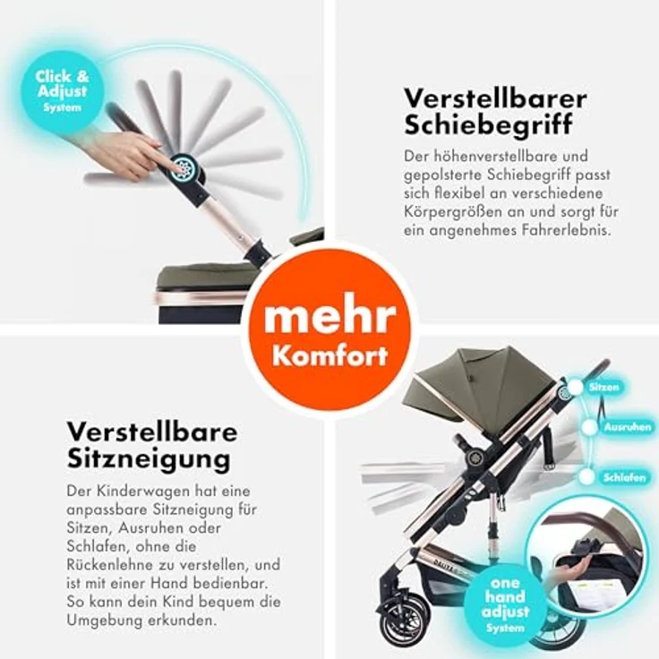 Daliya® NEOMOVE 3in1 Kinderwagen, Buggy & i-Size Babyschale | Alu-Rahmen | Reisekinderwagen & Sportwagen | Großer Einkaufskorb | Stadt & Gelände (Gold-Braun) – Bild 5