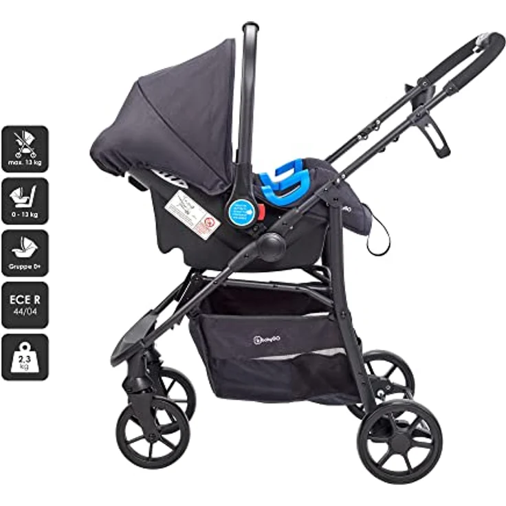 BabyGo Style 3in1 Kinder-Buggy mit Babywanne, Sportsitz und Autoschale, flexiblen Schwenkrädern und verstellbarem Sitz, Schwarz – Bild 4