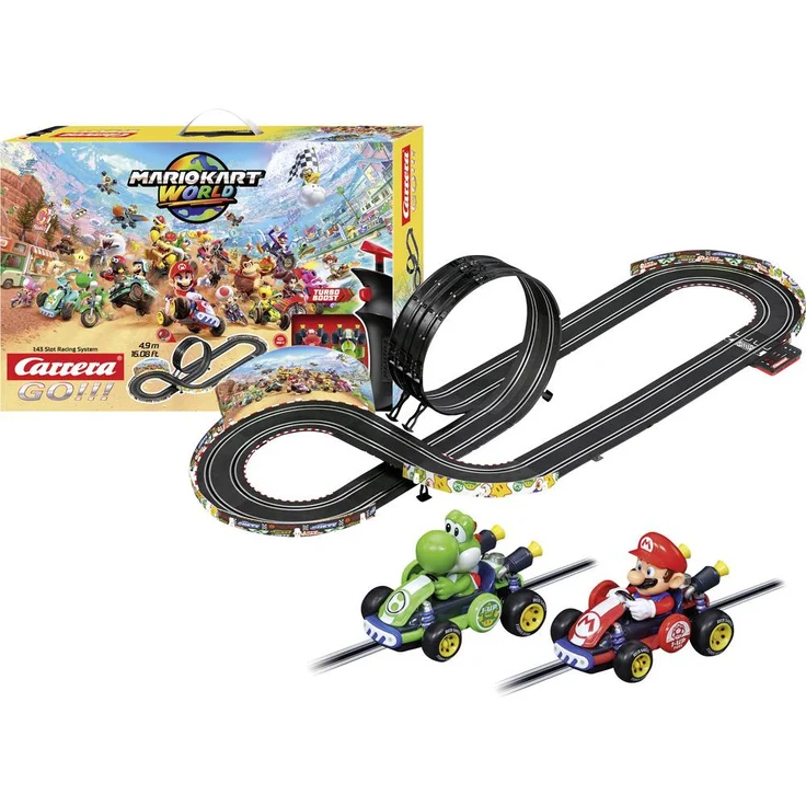 Carrera GO!!! Mario Kart™ World Start-Set, 4,9 Meter Rennbahn mit Mario und Yoshi, elektronischer Rundenzähler und USB-C Stromversorgung