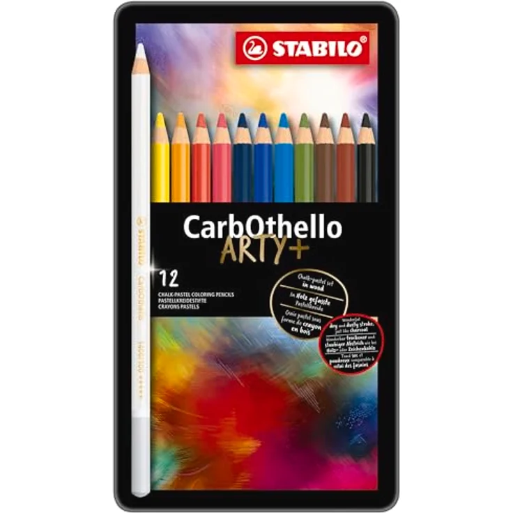 STABILO Buntstift CarbOthello Metallbox Buntstifte, 12tlg. - Hoch pigmentierte Pastellkreide in Bleistiftform, ideal für präzise Details, trocken und nass verwendbar, aquarellierbar - Farbe: bunt – Bild 3