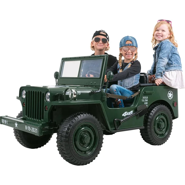 Actionbikes Motors Jeep Willys, Kinder Elektro-Geländefahrzeug mit Allradantrieb, 3 Gurte, Fernbedienung, LED und Hupe, für 3 Personen