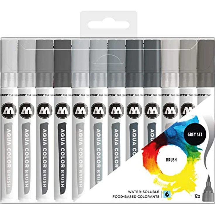 Molotow Aqua Color Brush (Brush Pen Marker Grey-Set, Pinsel Spitze für Aquarellieren und Handlettering) 12 Stück sortiert – Bild 2