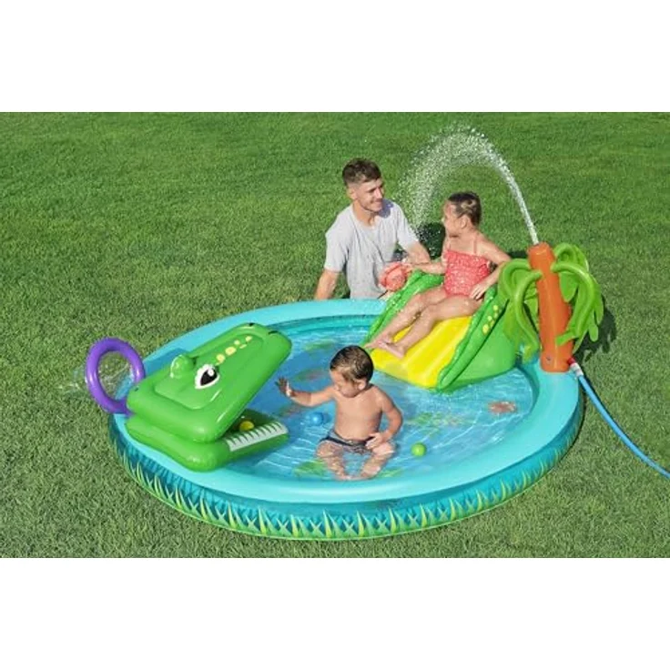 Bestway Wasserspielcenter Krokodil, 224 x 181 x 72 cm, mit Wasserrutsche und Sprinkler, PVC, bis 45 kg, 210 Liter – Bild 2