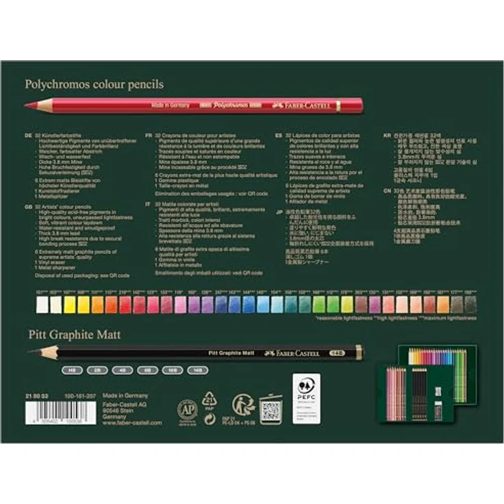 Faber-Castell 210053 Polychromos Malstifte, 32er-Buntstifte-Set mit 3,8-mm-Minen, inklusive 6 Pitt Graphite Mat Bleistifte, Radiergummi und Anspitzer – Bild 4