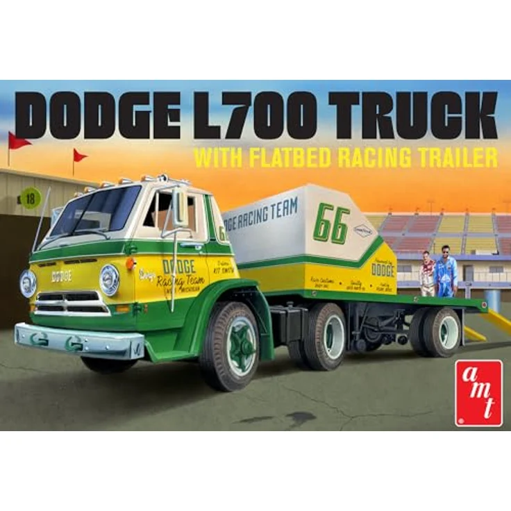 AMT 1/25 1966 Dodge L700 Truck w/Flatbed Racing Trailer, Plastikmodellbausatz, Weiß