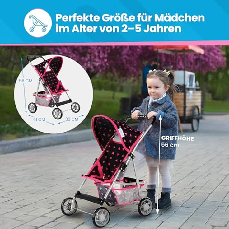 Kinderplay Puppenwagen, Puppen Buggy Kinderwagen, Buggy mit Anschnallgurt und Einkaufsnetz - Babyspielzeug, Modern, Leichtgängiger Räder und weichem Soft-Griff, KP0280R – Bild 3