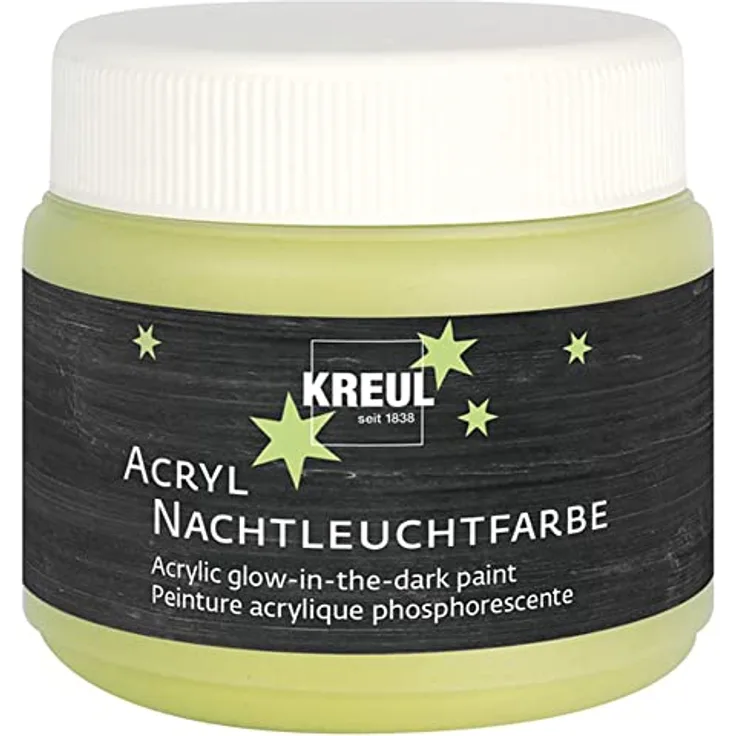 KREUL 74347 Acryl Leuchtfarbe 150 ml, Nachtleuchtfarbe auf Wasserbasis für Holz, Papier, Styropor und mehr, Gelb