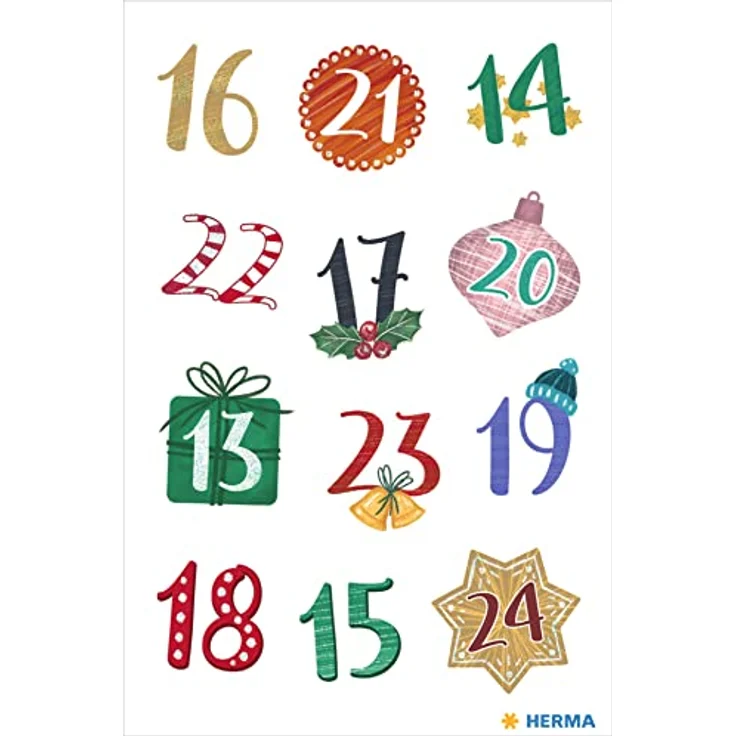 HERMA 15189 Aufkleber Zahlen 1-24 Glitzer, 24 Stück, Weihnachten Sticker mit Weihnachtskugel Sterne Motiv, Nummer Ziffer Klebezahlen Etiketten für Weihnachtsdeko Adventskalender Dekoration DIY Basteln, bunt – Bild 3