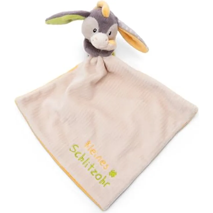 NICI Schmusetuch Baby 22 x 22 cm mit Kuscheltier Esel - Flauschiges Schnuffeltuch für Mädchen & Jungen, Baby Geschenk zur Geburt, Mit gesticktem Schriftzug "Kleines Schlitzohr" - 49751