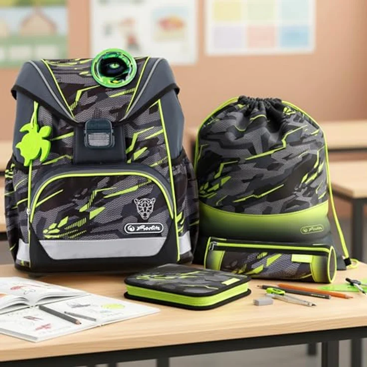Herlitz Schulranzen Set 6-teilig Wild Panther, ergonomische ultraleichte Schultasche für 1. Klasse, 16 L, wasserabweisend, mit Sicherheitsreflektoren – Bild 2