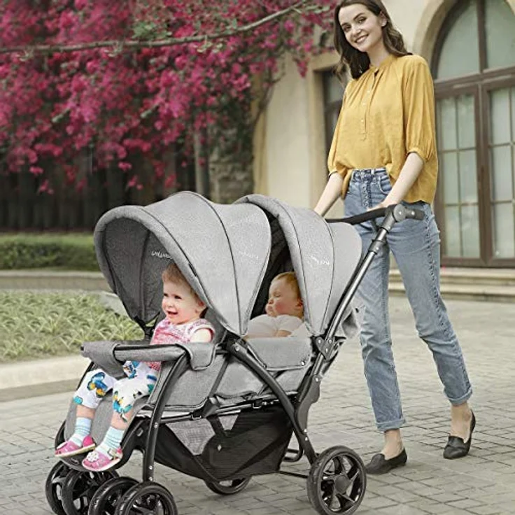 GOPLUS Geschwisterwagen Zwillingswagen, Kinderbuggy Klappbar, Buggy Zwilinge, Kinderwagen Babybuggy, Babywagen Grau, für Babys ab 6 Monate – Bild 4