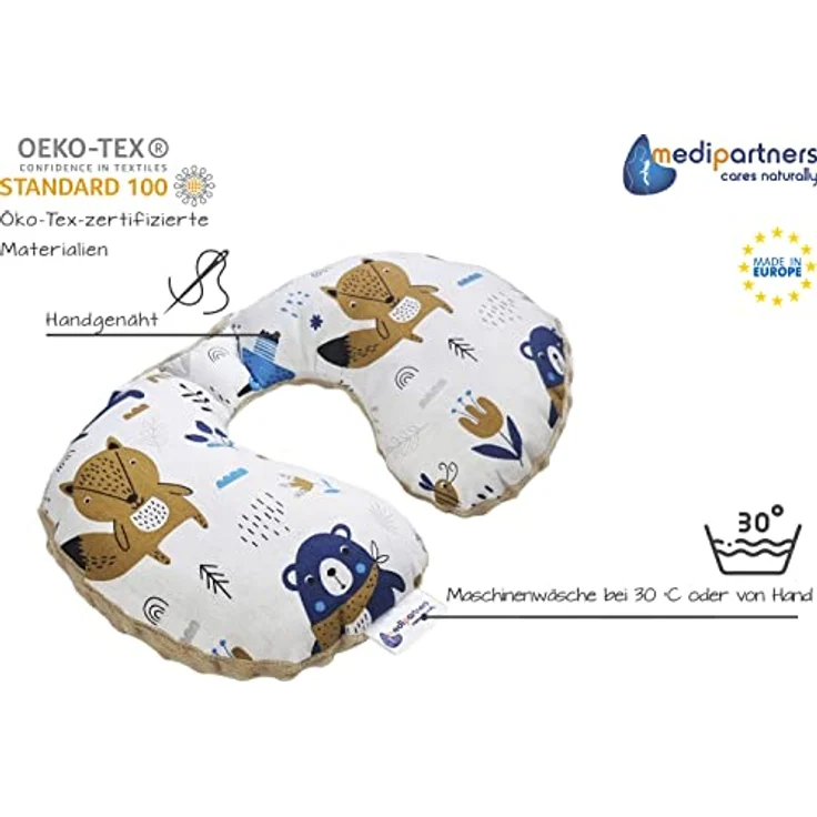 Medi Partners Nackenkissen Kinder Nackenhörnchen, 100% Baumwolle/Minky, Boho Animals mit beigem Minky, komfortable Nackenstütze für Auto und Flugzeug – Bild 4