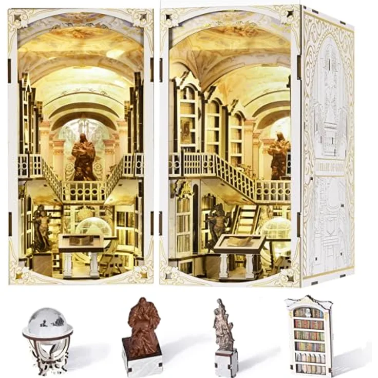 MiniCity MiniCity Book Nook Kit - Miniatur-DIY Puppenhaus, 3D-Holzpuzzle mit LED-Licht und Staubschutzhülle, Dekoration "Library of Gods" für Jugendliche und Erwachsene