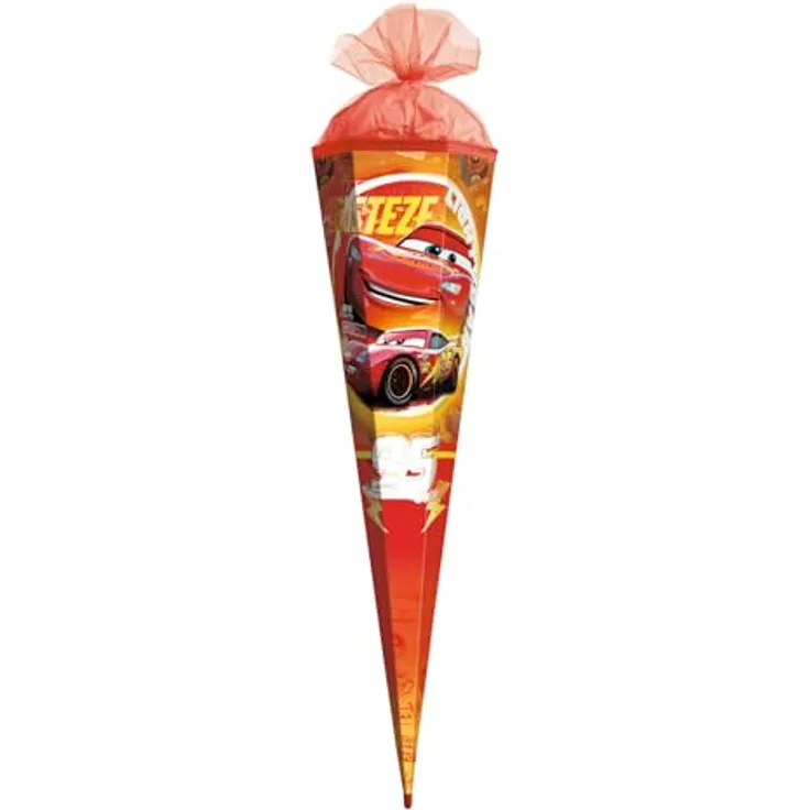 ROTH Schultüte groß Disney Pixar Cars, 85 cm, 6-eckig, Folie mit Tüllverschluss, ROT(H)-Spitze, Zuckertüte für Schulanfang