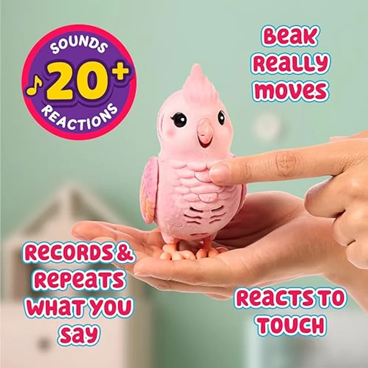 Moose Little Live Pets My Really Real Bird - Rosie, interaktiver Nymphensittich mit Käfig, rosa – Bild 3