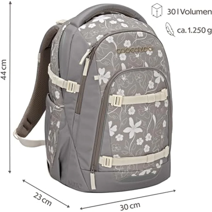 Coocazoo Mate Schulrucksack „Vanilla Bloom”, grau, ergonomisch, höhen- & größenverstellbar mit Brust- und Hüftgurt, 30 Liter, ab der 3. Klasse – Bild 2
