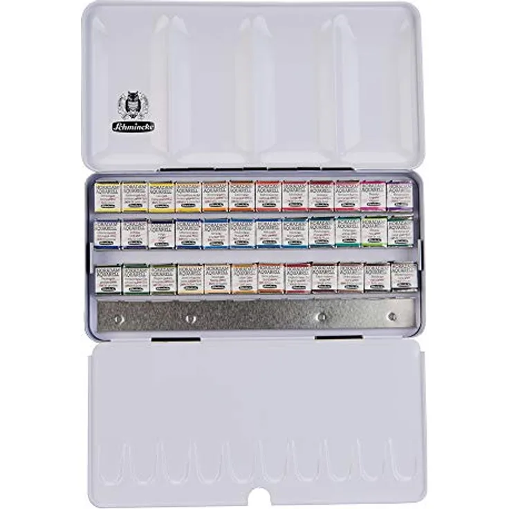 Schmincke HORADAM AQUARELL Farbkasten, 36 Aquarellfarben in 1/2 Näpfchen, Metallkasten mit Platz für 12 weitere Näpfchen