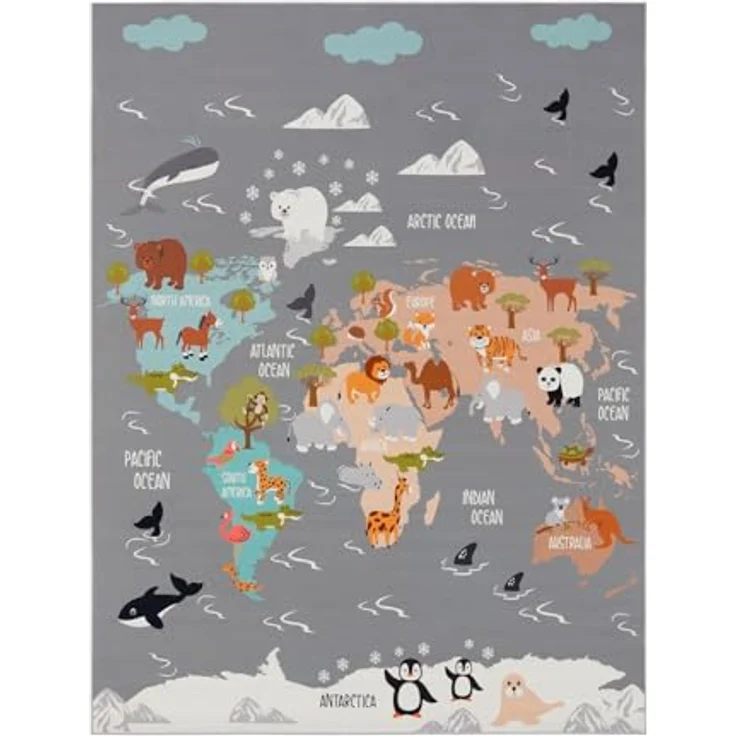 TT Home Kinderteppich, rutschfest, Tiere und Weltkarte, grau-blau-braun, 100x200 cm, 100% Polyester, maschinell gewebt – Bild 5