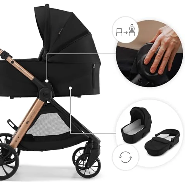 Kinderkraft VESTO 2, 2-in-1 Kombikinderwagen mit Babywanne, wendbarem Sportsitz, Faltmechanismus, 5-Punkt-Gurt, Schwarz – Bild 4