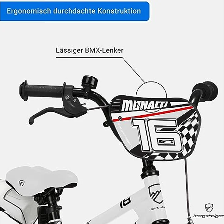 Bergsteiger Monaco 16 Zoll Kinderfahrrad, BMX für 4-6 Jahre, mit Stützrädern, Rücktrittbremse, Trinkflasche und Kettenschutz – Bild 4