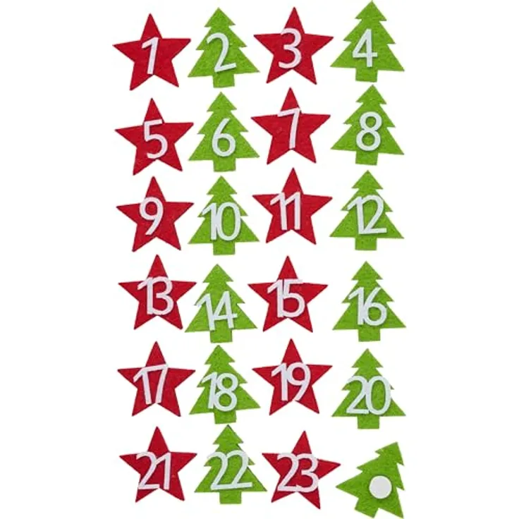 VBS Filz-Adventszahlen, selbstklebend, 24 Stück (4 cm), einseitig dekoriert für Adventskalender