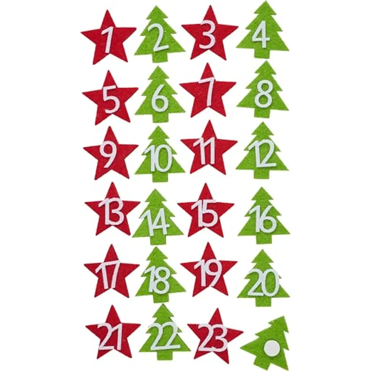 VBS Filz-Adventszahlen, selbstklebend, 24 Stück (4 cm), einseitig dekoriert für Adventskalender
