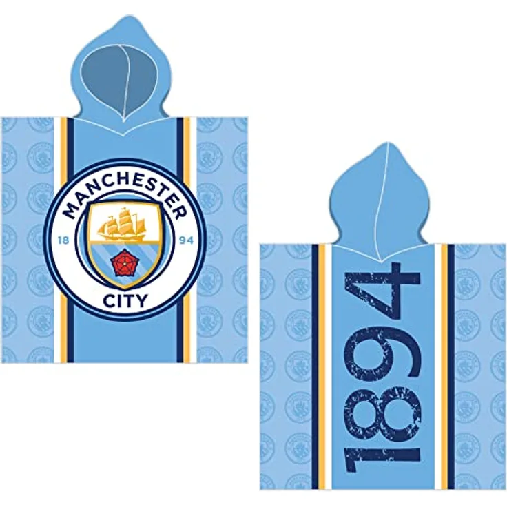 BERONAGE Manchester City Kinder Kapuzen Bade-Poncho Logo Blau 60 x 120 cm 100% Baumwolle Veloursqualität Fußball Etihad Stadium Football Citizens