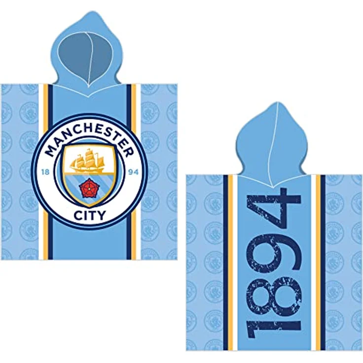 BERONAGE Manchester City Kinder Kapuzen Bade-Poncho Logo Blau 60 x 120 cm 100% Baumwolle Veloursqualität Fußball Etihad Stadium Football Citizens – Bild 1