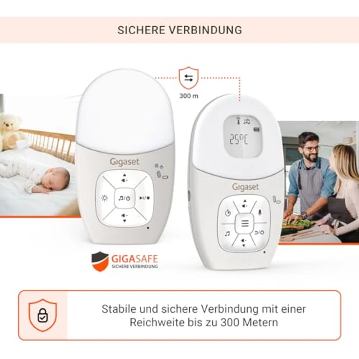 Gigaset Baby 100 Audio, Audio-Babyphone mit DECT-Technologie, Zwei-Wege-Kommunikation, 300m Reichweite, Fütterungstimer, Temperatursensor, Nachtlicht, 3-stufige Tonanzeige, Warm Grey – Bild 2