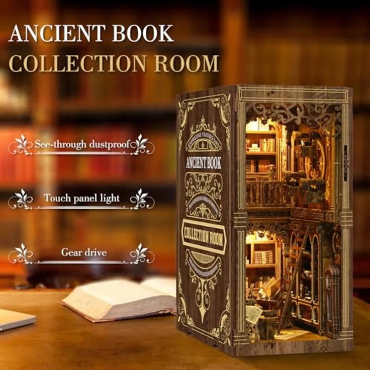 Cuiwos Book Nook Bausatz (Klassische Edition) – DIY Miniatur-Holzpuzzle mit LED-Beleuchtung, Vintage Bücherzimmer als 3D-Puppenhaus-Buchstütze für kreative Dekoration – Bild 3