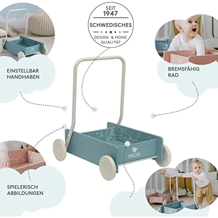 Micki Lauflernwagen Blau - Babyspielzeug für jüngere Kinder aus Holz mit spielvollen Illustrationen und Schwedischem Design - Geeignet ab 9 Monaten - Größe 450 x 350 x 480 mm – Bild 2