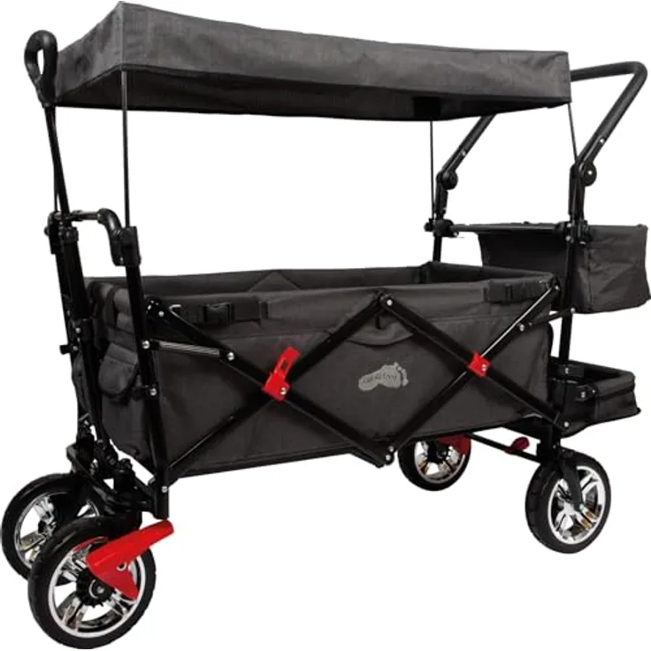 small foot Bollerwagen mit Dach, Ablagekorb, Regenschutz & Transporttasche, bis 80 kg belastbar - Schwarz