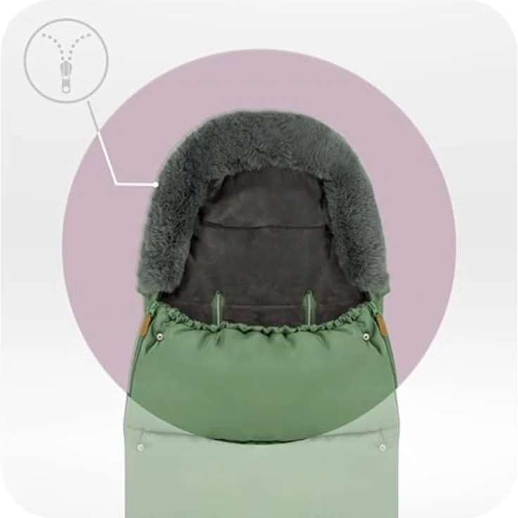 MoMi Fußsack 2 in 1, Kinderwagen- und Autositz-Fußsack, wasserabweisend, mit Kapuze und Fellbesatz, abnehmbares Fußteil, in beige, schwarz oder grün – Bild 3