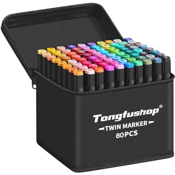 Tongfushop 80 Farben Alkohol Marker Set, Dual-Tip Filzstifte mit Chisel & Feinspitze, schnelltrocknend und permanent für Zeichnen, Design, Manga und Rendering – Bild 1