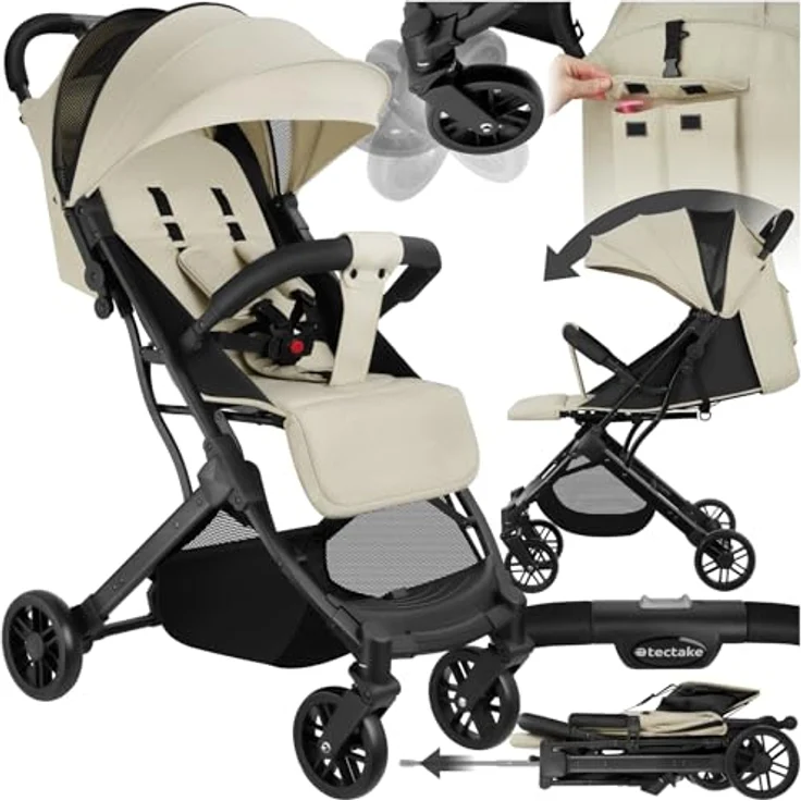tectake Buggy Kinderwagen von 0 bis 3 Jahre, einhändig faltbarer Reisebuggy, grau/beige – Bild 1