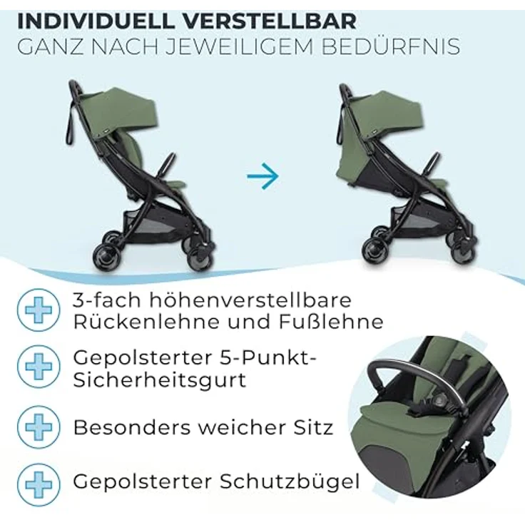Globber Stroll Lite, Kinderwagen bis 22 kg, kompakter Reisebuggy mit verstellbarer Rückenlehne, Sonnenschutz und 1-Hand-Falt-Automatik, oliv grün – Bild 5