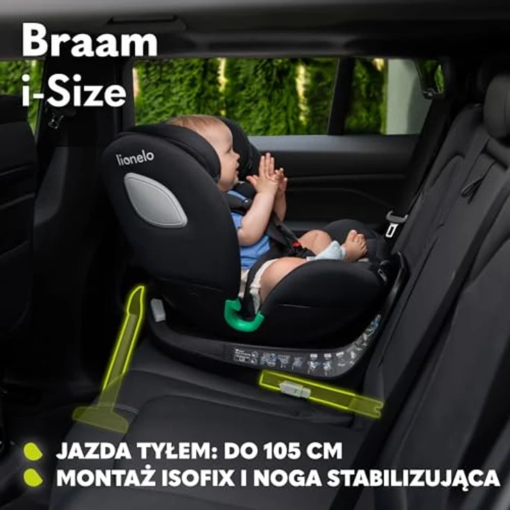 lionelo Autokindersitz BRAAM i-SIZE, 4-in-1-Sitz, ISOFIX + Stabilisierungsfuß, sehr sicher, schwarz – Bild 4