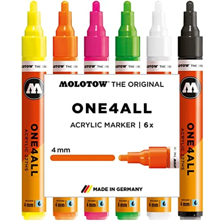 MOLOTOW Permanentmarker ONE4ALL 227 HS, Nachfüllbar, wasserfest, Rundspitze, 6er Etui (neongelb, neonorange, neonpink, neongrün, signalweiß, signalschwarz) – Bild 2