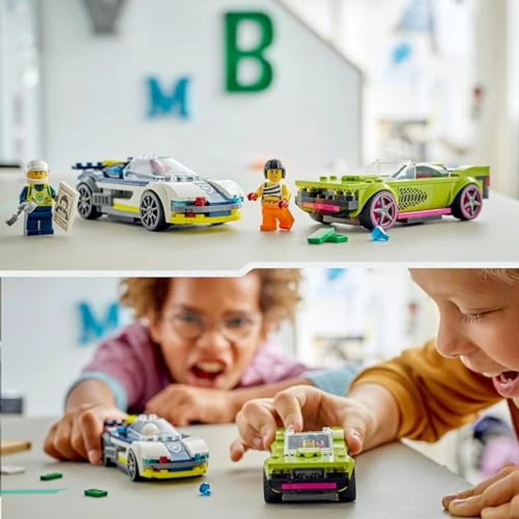 LEGO City Verfolgungsjagd mit Polizeiauto und Muscle Car, Auto-Spielezug mit 2 Rennautos, Polizei-Geschenk für Kinder, Jungs und Mädchen ab 6 Jahren, Set mit Polizist und Ganovin-Minifiguren 60415 – Bild 5