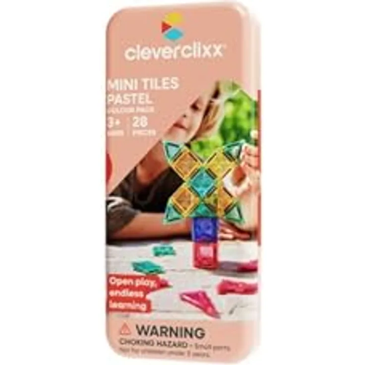 Cleverclixx Mini Tiles Pack, 28-teiliges Magnetspielzeug in Mint, kompaktes Design mit Aufbewahrungsbox, erweiterbar, für Kinder ab 3 Jahren